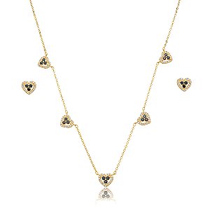 Conjunto de brinco e colar coração de zircônia Ônix banho de ouro 18k