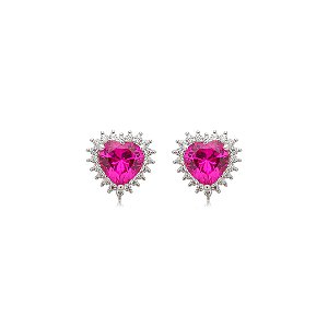Brinco de coração cravejado de zircônia pink e cristal banho em ródio branco