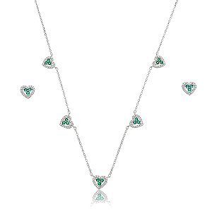 Conjunto de brinco e colar coração de zircônia esmeralda banho de ródio branco