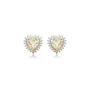 Brinco de coração cravejado de zircônia yellow fancy e cristal banho em ródio branco