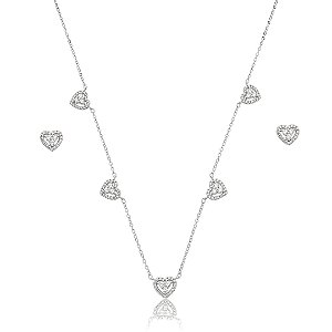 Conjunto de brinco e colar coração de zircônia cristal banho de ródio branco
