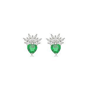 Brinco de coração cravejado de zircônia esmeralda e cristal banho em ródio branco