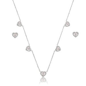Conjunto de brinco e colar coração de zircônia rosa banho de ródio branco