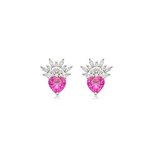 Brinco de coração cravejado de zircônia pink e cristal banho em ródio branco