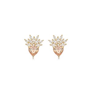 Brinco de coração cravejado de zircônia citrino e cristal banho em ouro 18k