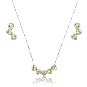 Conjunto de brinco e colar coração de zircônia yellow fancy banho de ródio branco