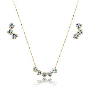 Conjunto de brinco e colar coração de zircônia acqua banho de ouro 18k