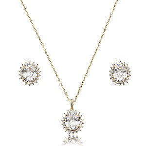 Conjunto de brinco e colar cravejado de zircônia cristal banho de ouro 18k