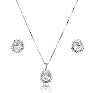 Conjunto de brinco e colar cravejado de zircônia cristal banho de ródio branco