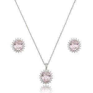 Conjunto de brinco e colar cravejado de zircônia rosa banho de ródio branco