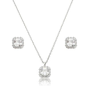 Conjunto de brinco e colar cravejado de zircônia cristal banho de ródio branco