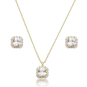 Conjunto de brinco e colar cravejado de zircônia cristal banho de ouro 18k
