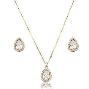 Conjunto de brinco e colar gota cravejado de zircônia cristal banho de ouro 18k