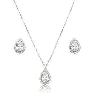 Conjunto de brinco e colar gota cravejado de zircônia cristal banho de ródio branco
