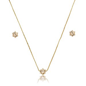 Conjunto de brinco e colar cravejado de zircônia citrino banho de ouro 18k