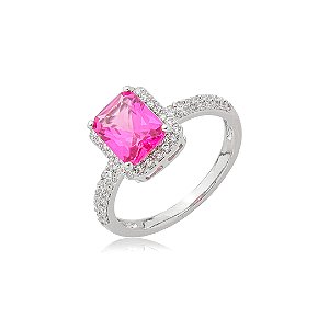 Anel cravejado de zircônia pink e cristal banho em ródio branco