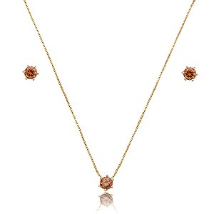 Conjunto de brinco e colar cravejado de zircônia granada banho de ouro 18k