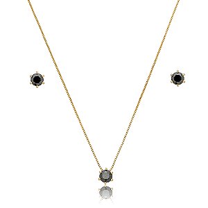 Conjunto de brinco e colar cravejado de zircônia Ônix banho de ouro 18k