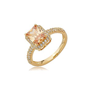 Anel cravejado de zircônia citrino e cristal banho em ouro 18k