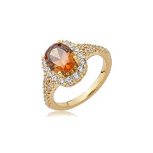 Anel cravejado de zircônia granada e cristal banho em ouro 18k