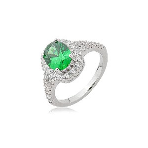Anel cravejado de zircônia esmeralda e cristal banho em ródio branco