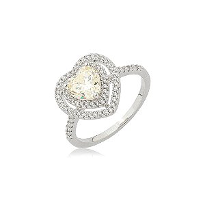 Anel de coração cravejado de zircônia yellow fancy e cristal banho em ródio branco