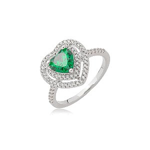 Anel de coração cravejado de zircônia esmeralda e cristal banho em ródio branco