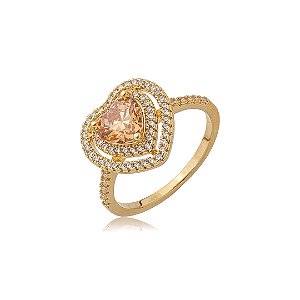 Anel de coração cravejado de zircônia citrino e cristal banho em ouro 18k