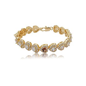 Pulseira cravejada coração de zircônia cristal com detalhe granada banho de ouro 18k
