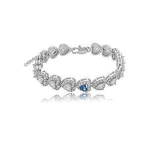 Pulseira cravejada coração de zircônia cristal com detalhe safira banho de ródio branco