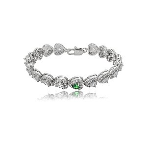 Pulseira cravejada coração de zircônia cristal com detalhe esmeralda banho de ródio branco