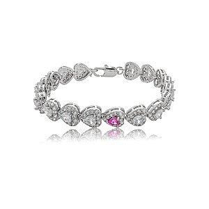 Pulseira cravejada coração de zircônia cristal com detalhe pink banho de ródio branco