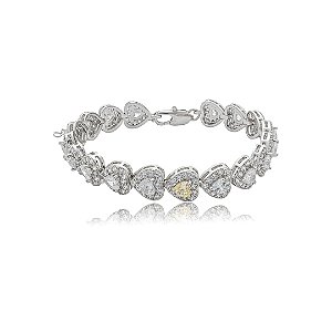 Pulseira cravejada coração de zircônia cristal com detalhe yellow fancy banho de ródio branco