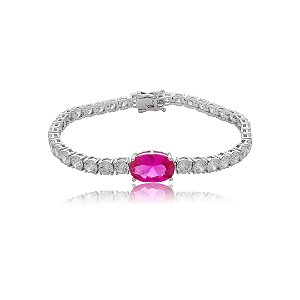 Pulseira riviera cravejada de zircônia cristal com detalhe zircônia pink banho de ródio branco