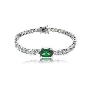 Pulseira riviera cravejada de zircônia cristal com detalhe zircônia esmeralda banho de ródio branco