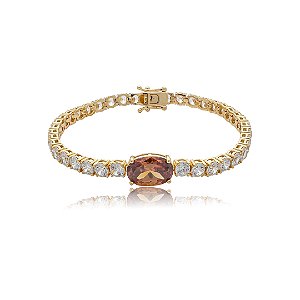 Pulseira riviera cravejada de zircônia cristal com detalhe zircônia granada banho de ouro 18k