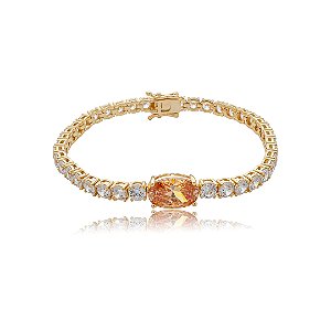 Pulseira riviera cravejada de zircônia cristal com detalhe zircônia citrino banho de ouro 18k