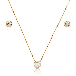 Conjunto de brinco e colar cravejado de zircônia cristal banho de ouro 18k