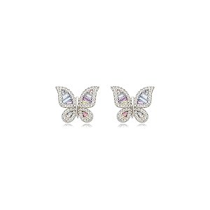 Brinco de borboleta cravejado de zircônia rainbow banho em ródio branco