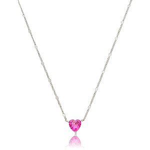 Colar com pingente cravejado de coração zircônia pink de banho em ródio branco