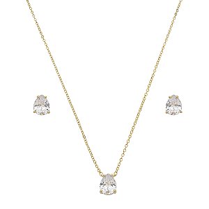 Conjunto de brinco e colar gota cravejado de zircônia cristal banho de ouro 18k