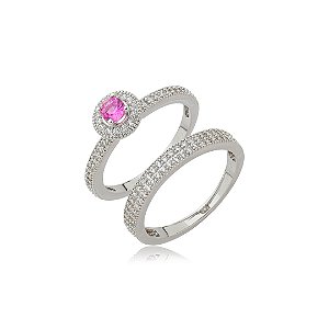 Dupla de anéis cravejados de zircônia pink e cristal banho em ródio branco