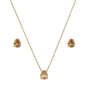 Conjunto de brinco e colar gota cravejado de zircônia citrino banho de ouro 18k
