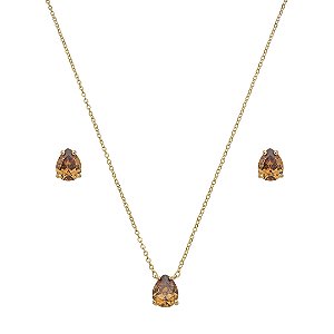 Conjunto de brinco e colar gota cravejado de zircônia granada banho de ouro 18k
