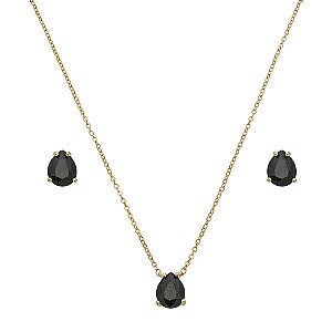 Conjunto de brinco e colar gota cravejado de zircônia Ônix banho de ouro 18k