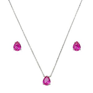 Conjunto de brinco e colar gota cravejado de zircônia pink banho de ródio branco