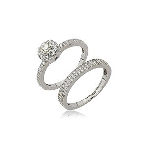 Dupla de anéis cravejados de zircônia yellow fancy e cristal banho em ródio branco