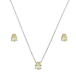 Conjunto de brinco e colar gota cravejado de zircônia yellow fancy banho de ródio branco