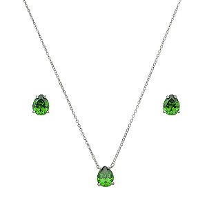 Conjunto de brinco e colar gota cravejado de zircônia esmeralda banho de ródio branco