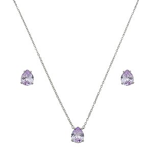 Conjunto de brinco e colar gota cravejado de zircônia tanzanita banho de ródio branco